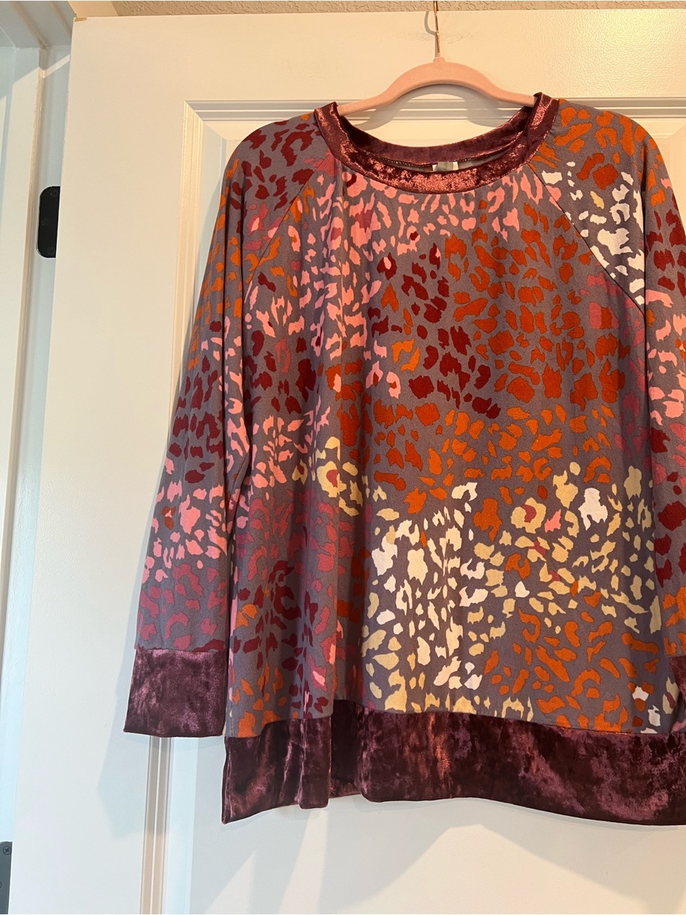 Honeyme Multi-Color Abstract Print Velvet-Trim Knit Top